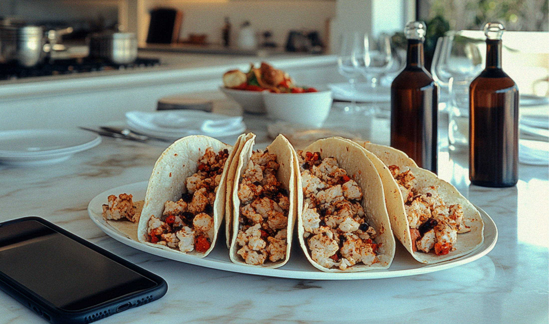 Tacos à côté d'un téléphone sur une table de restaurant