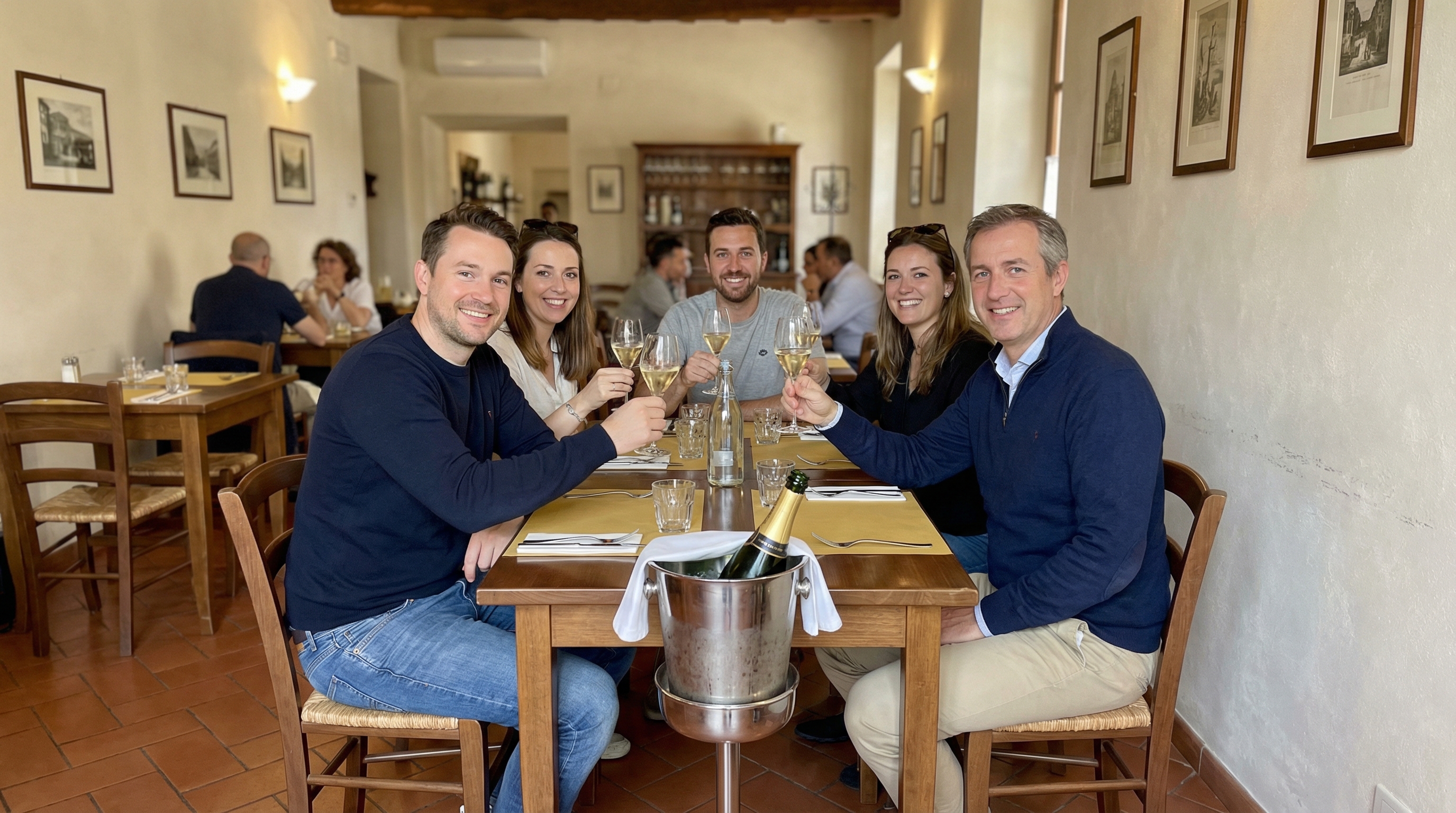 レストランで食事をする5人