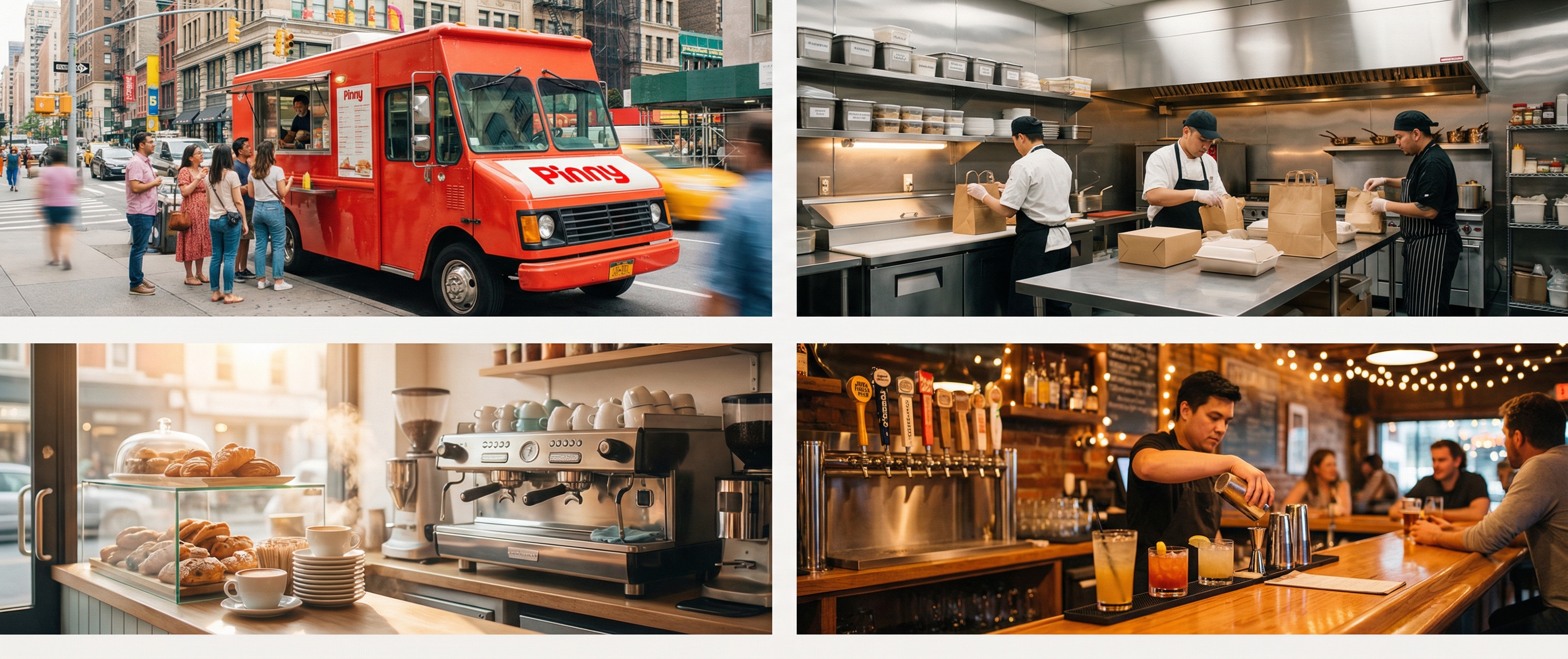 Collage d'un food truck, d'une ghost kitchen, d'un café et d'un bar de quartier